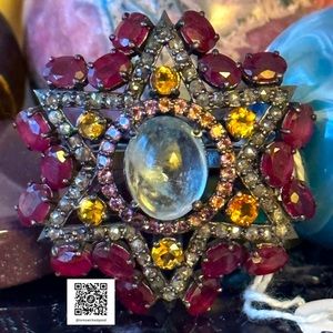 Gorgeous star high end aquamarine diamonds rubies citrine SS statement ring